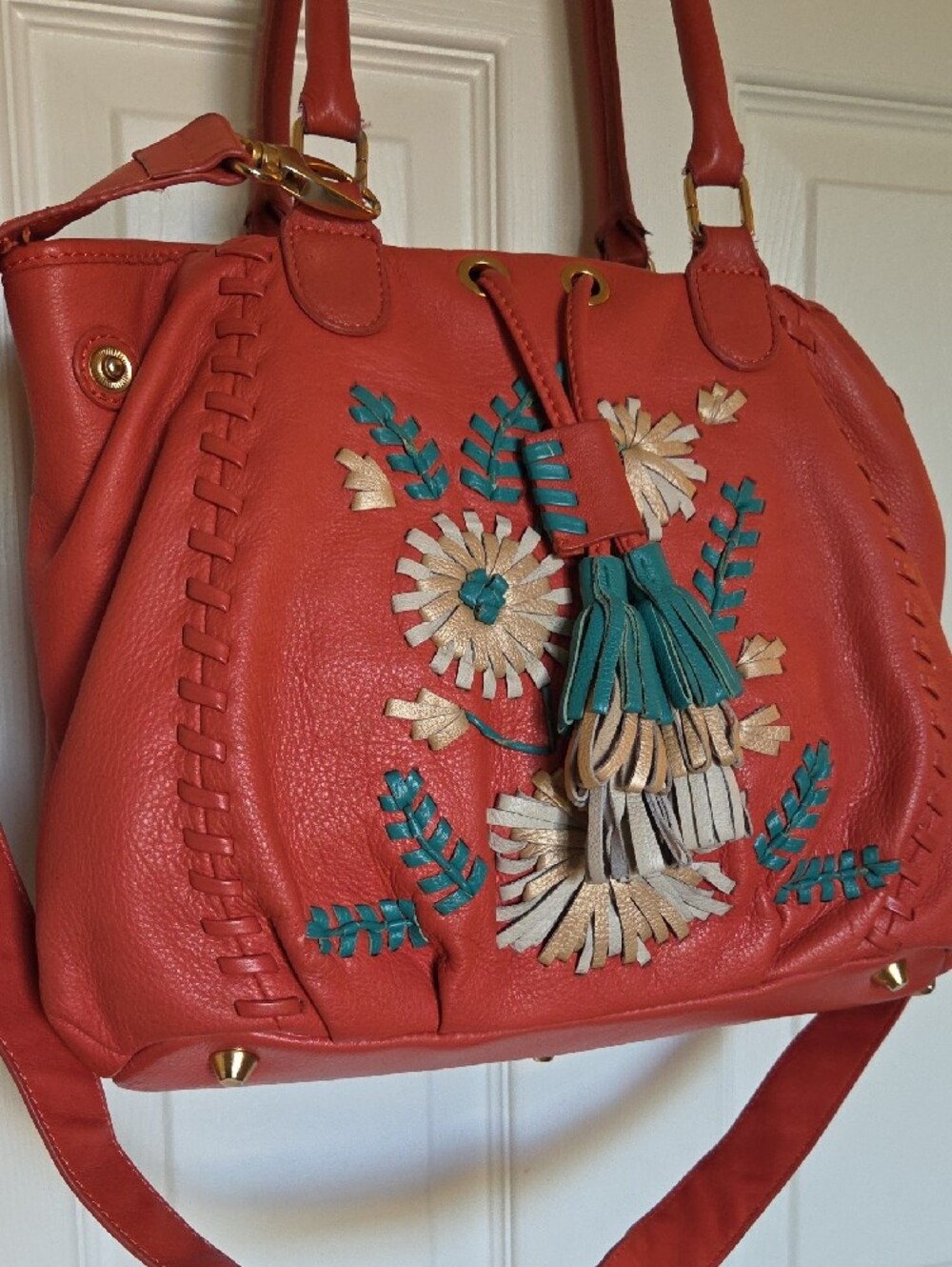 Isabella Fiore Satchel Shoulder Bag with Floral Tassel Applique